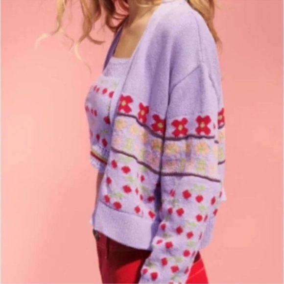 Zara EUC Jacquard Knit Cherry Print Cardigan Sweater Lilac Pink Size S Preppy - Picture 5 of 16